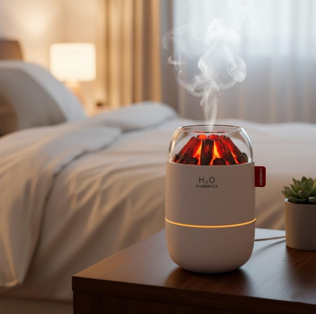 Volcano Flame Essential Oil Diffuser, LED Fire Glow Humidifier, 300ml Capacity, Electric Powered, Cool Mist, Round Shape for Home, Office, Yoga Room