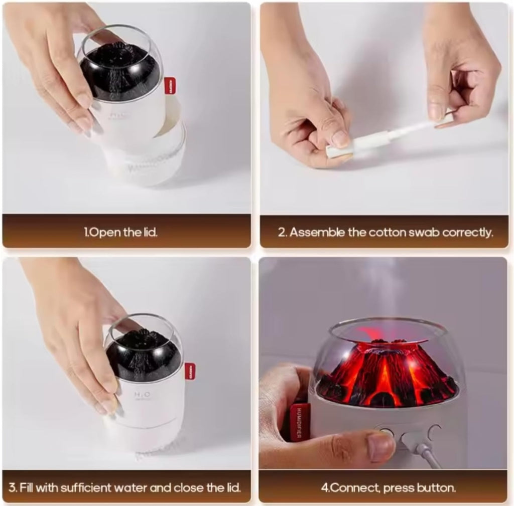 Volcano Flame Essential Oil Diffuser, LED Fire Glow Humidifier, 300ml Capacity, Electric Powered, Cool Mist, Round Shape for Home, Office, Yoga Room