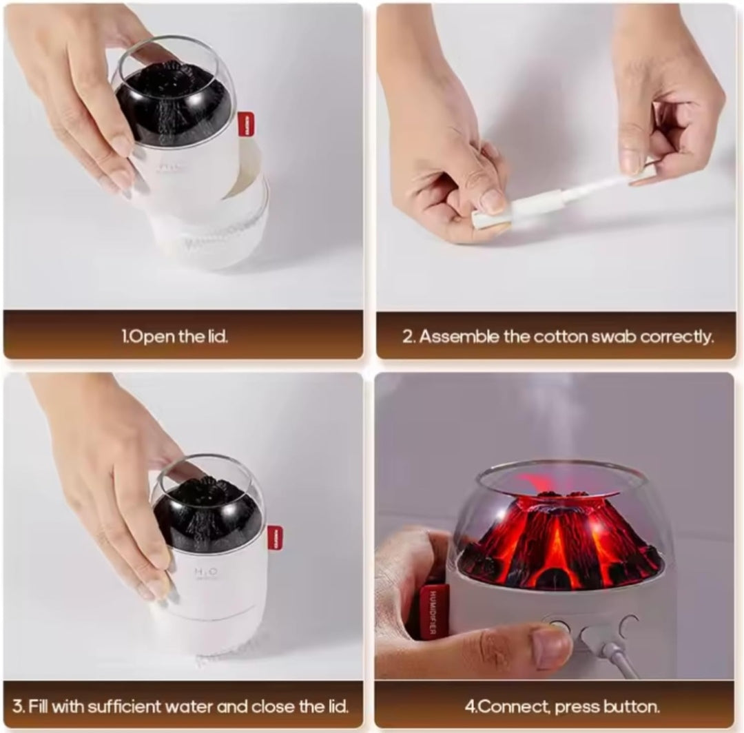 Volcano Flame Essential Oil Diffuser, LED Fire Glow Humidifier, 300ml Capacity, Electric Powered, Cool Mist, Round Shape for Home, Office, Yoga Room
